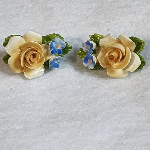 Vintage Artone Bone China Flower Brooch Pin & Screwback Earrings Set England Yel - Picture 3 of 6